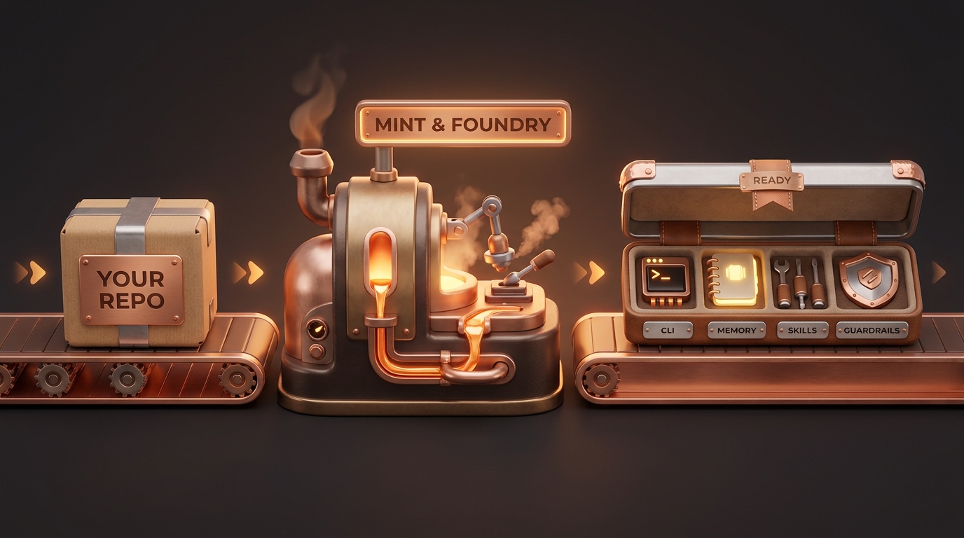 A friendly foundry assembly line: a box labelled Your Repo enters a glowing machine and a finished toolkit rolls out holding four labelled parts — CLI, Memory, Skills, and Guardrails.