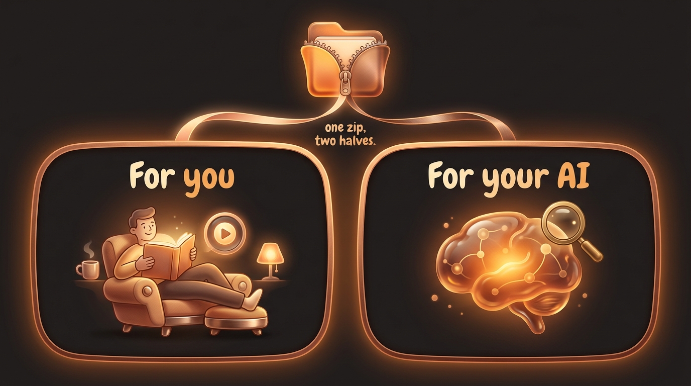 One zip file at the top splits into two equal panels: a left panel labelled For you showing a person reading and watching, and a right panel labelled For your AI showing a warm, searchable glowing brain with a magnifying glass.